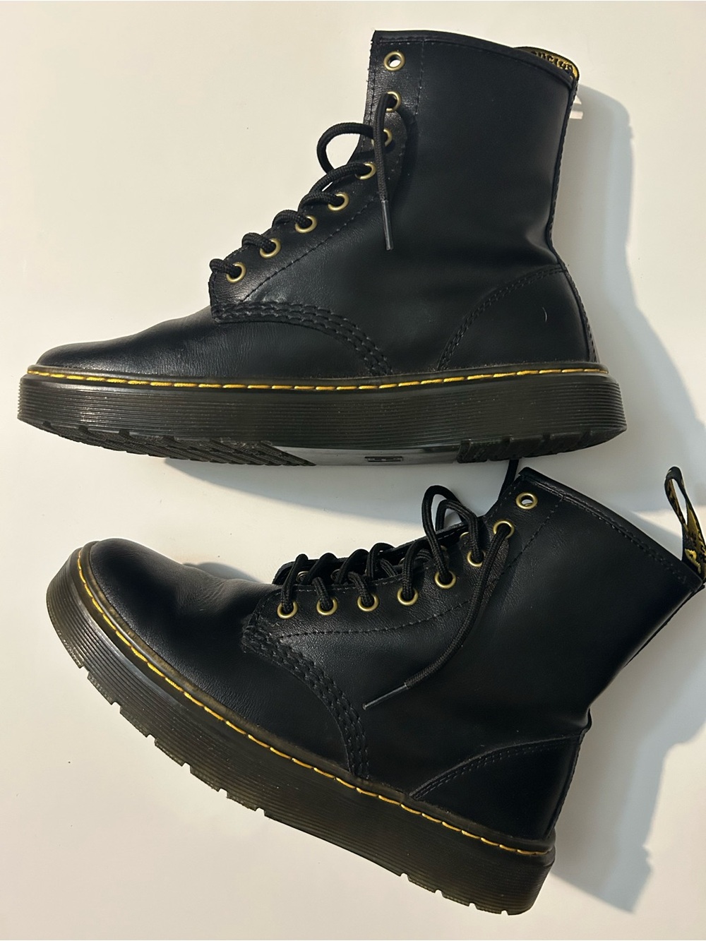 Dr. Martens Black Leather Lace-Up Boots with Yellow Stitching